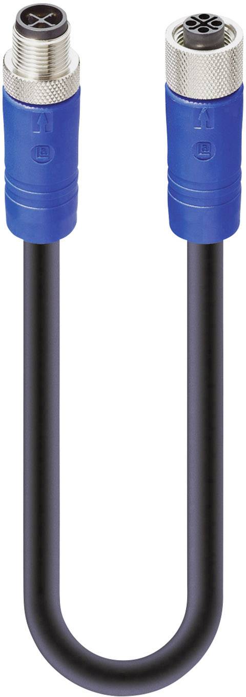 A black cable with blue connectors at both ends, each with different metal pins, likely for industrial applications.