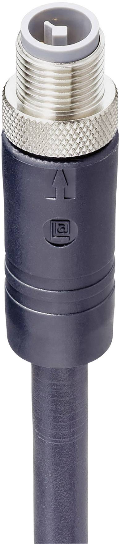 Close-up of a coaxial plug with a black cable. The plug has a metal thread and a plastic casing marked with an arrow symbol.