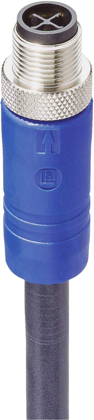 A blue electrical connector with a metal thread and an arrow symbol indicating the connection orientation.