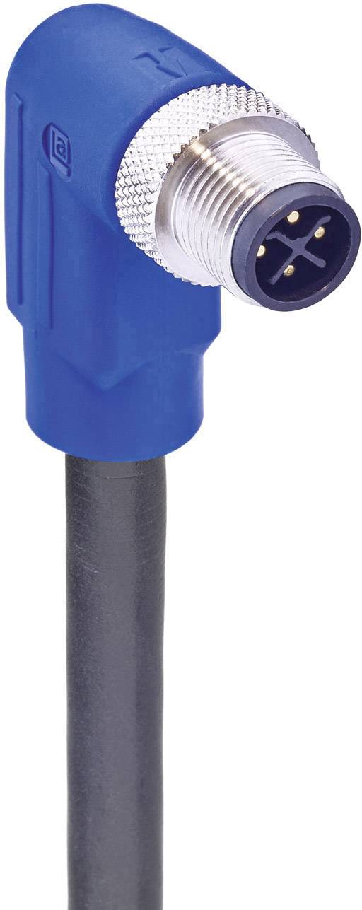 Blue, angled connector with black cable, metallic connection, and four pins for electrical connections.