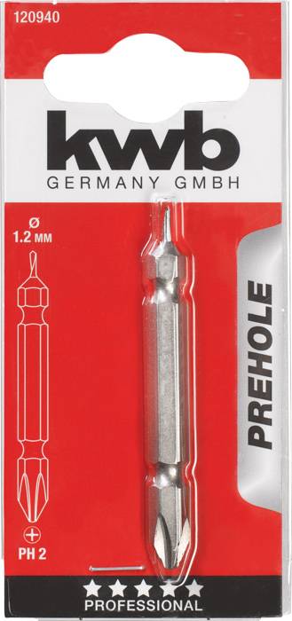 A precision screwdriver by 'kwb Germany GmbH', 1.2 mm size, with PH 2 tip, in a red package, suitable for professional applications.