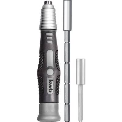 On the image is a multi-functional screwdriver handle with two interchangeable attachments. The handle is ergonomically designed.