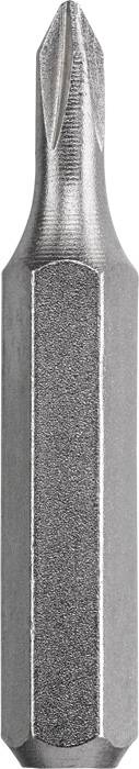 Metal screwdriver bit with a cross-head (Phillips) design, close-up view.