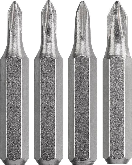 Four identical Phillips head bits in a row. Each bit has a silver, metallic surface and a hexagonal base.