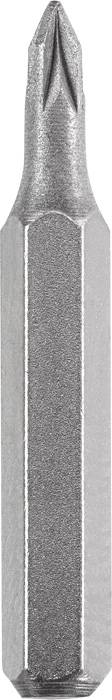 A silver cross-head screwdriver bit with a hexagonal shaft.