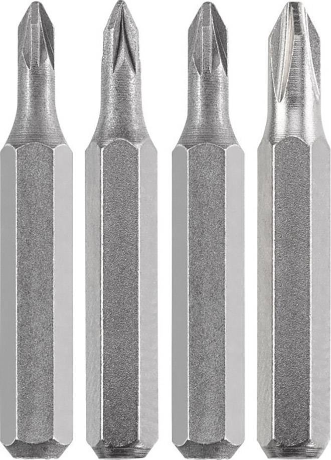 Four metal screwdriver bits in a row, two with Phillips heads and two with flathead tips.