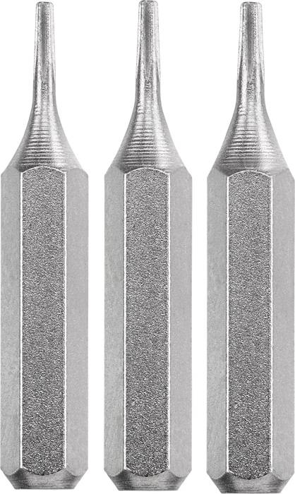 Three silver, hexagonal screwdriver bits with fine tips lined up side by side on a white background.