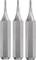 Three silver, hexagonal screwdriver bits with fine tips lined up side by side on a white background.