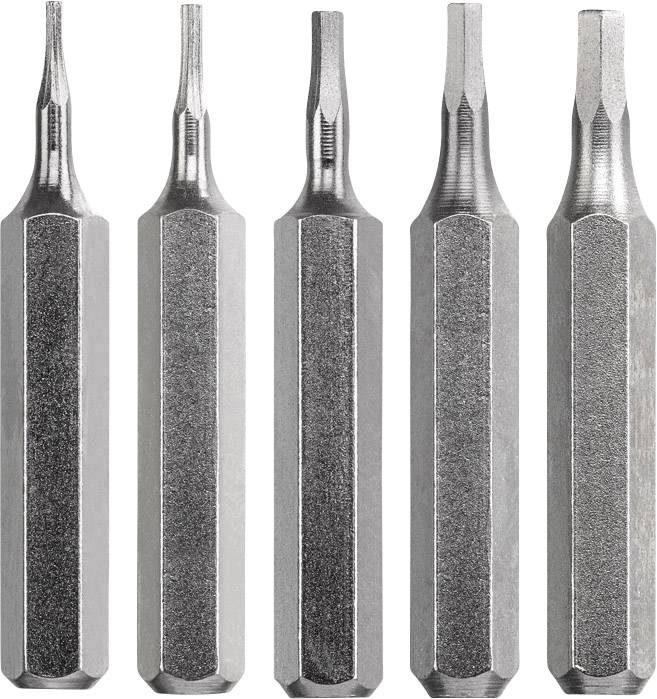 Five different screwdriver bits with hexagonal shanks, standing upright side by side, vary in blade size and shape.