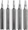Five different screwdriver bits with hexagonal shanks, standing upright side by side, vary in blade size and shape.