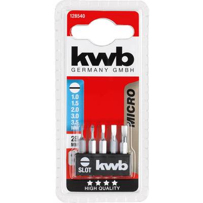 Six micro screwdriver bits in a plastic packaging, including various sizes of slotted heads, brand 'kwb'.