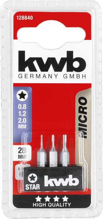 'kwb Germany GmbH MicroStar 4-Piece Bit Set' in packaging, contains 0.8, 1.2 and 2.0 mm bits.