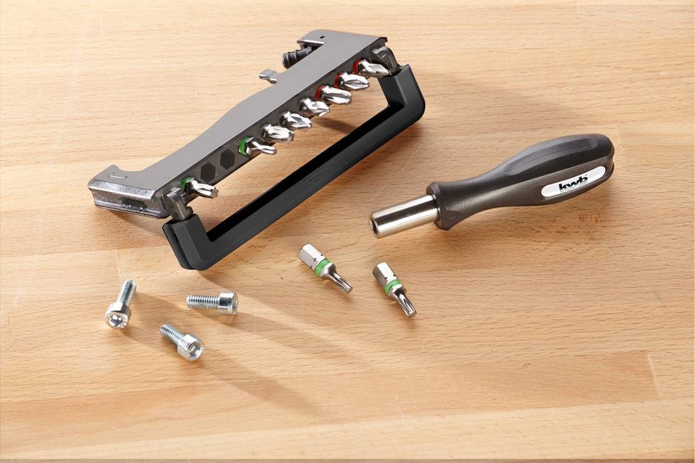A screwdriver handle with multiple interchangeable screwdriver heads and several loose screws are lying on a wooden surface.