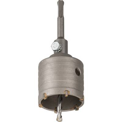 A metal hole saw attachment with a central drill bit, suitable for drilling machines, is held together by a screw.