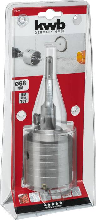 Diamond drill crown in packaging case with 'kwb Germany GmbH' inscription, suitable for diamond, concrete and stone drilling, diameter: 68 mm.