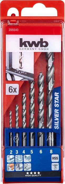A set of six metal drill bits of varying sizes, packed in a clear plastic box. The 'kwb' brand name is visible.