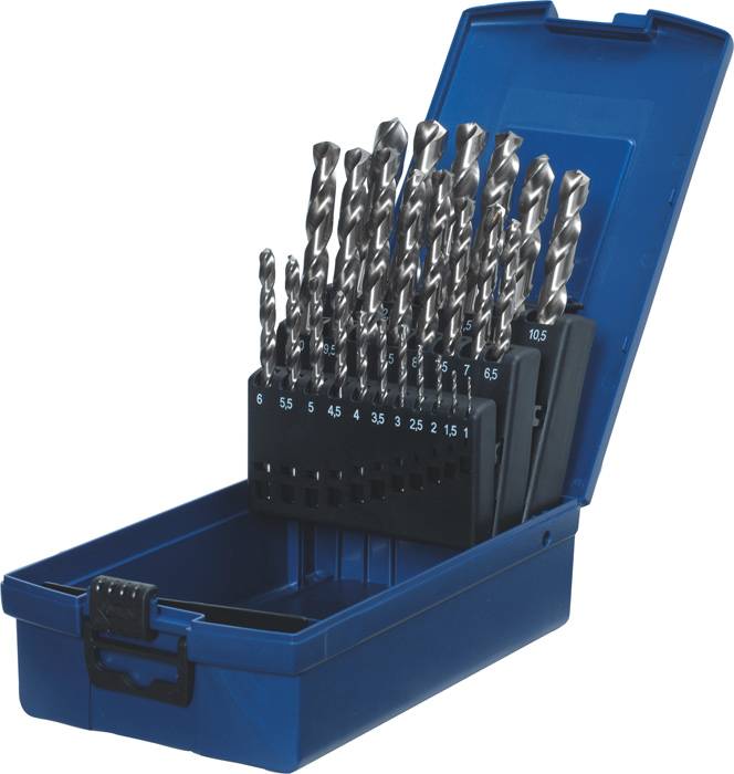 An open blue case containing a set of metal drill bits in various sizes, arranged in a holder.