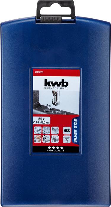 Blue plastic container with 'kwb' label and an image of a metal saw, contains 25 jigsaw blades for wood and metal, various sizes.