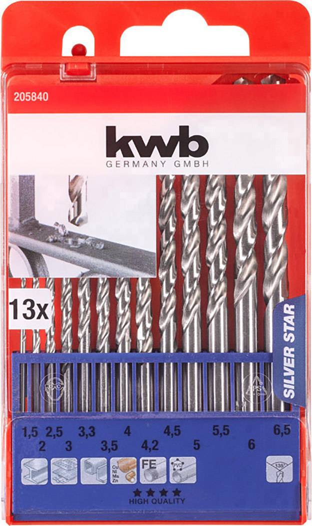 KWB 'Silver Star' drill bit set, 13-piece, sizes: 1.5 to 6.5 mm, with sturdy packaging for organisation and protection.