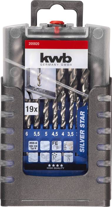 KWB drill set with 19 HSS-G drill bits, sizes 1 to 10 mm, in a plastic box. Suitable for drilling metal, wood and plastic.