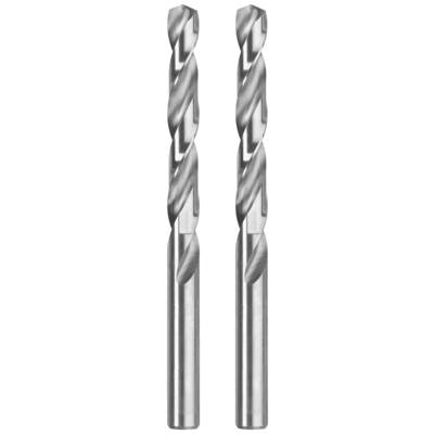 Two silver metal drill bits standing side by side. Spiral design visible.