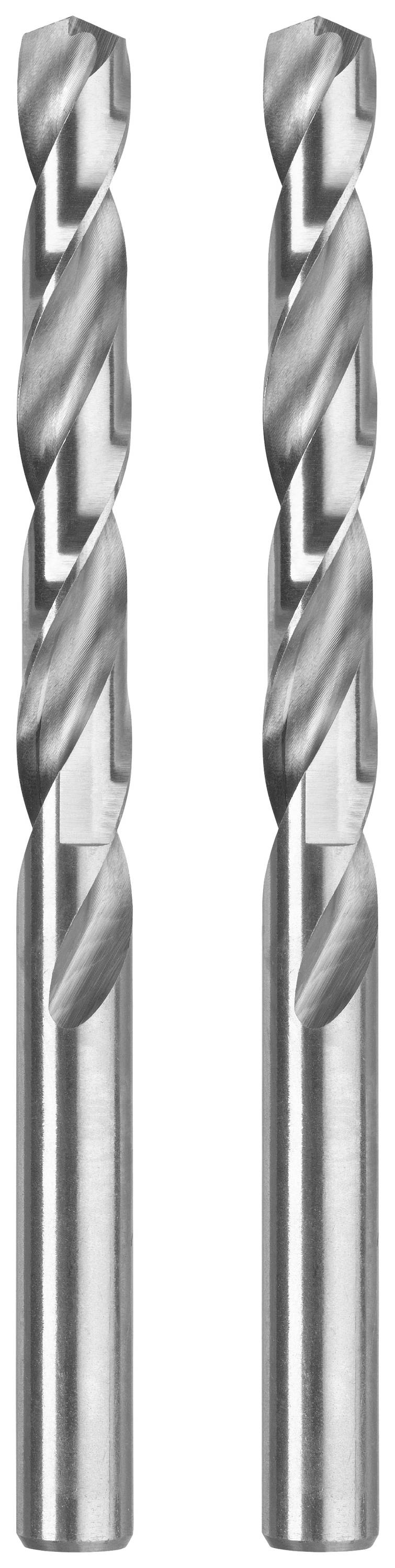 Two silver spiral drill bits, vertically positioned, for metalworking.