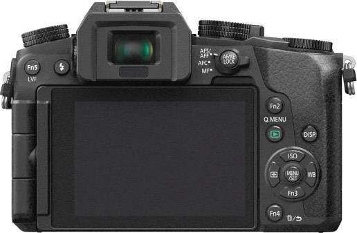 Rear view of a mirrorless camera with an open LCD screen and controls such as menu, ISO, focus settings, and viewfinder.