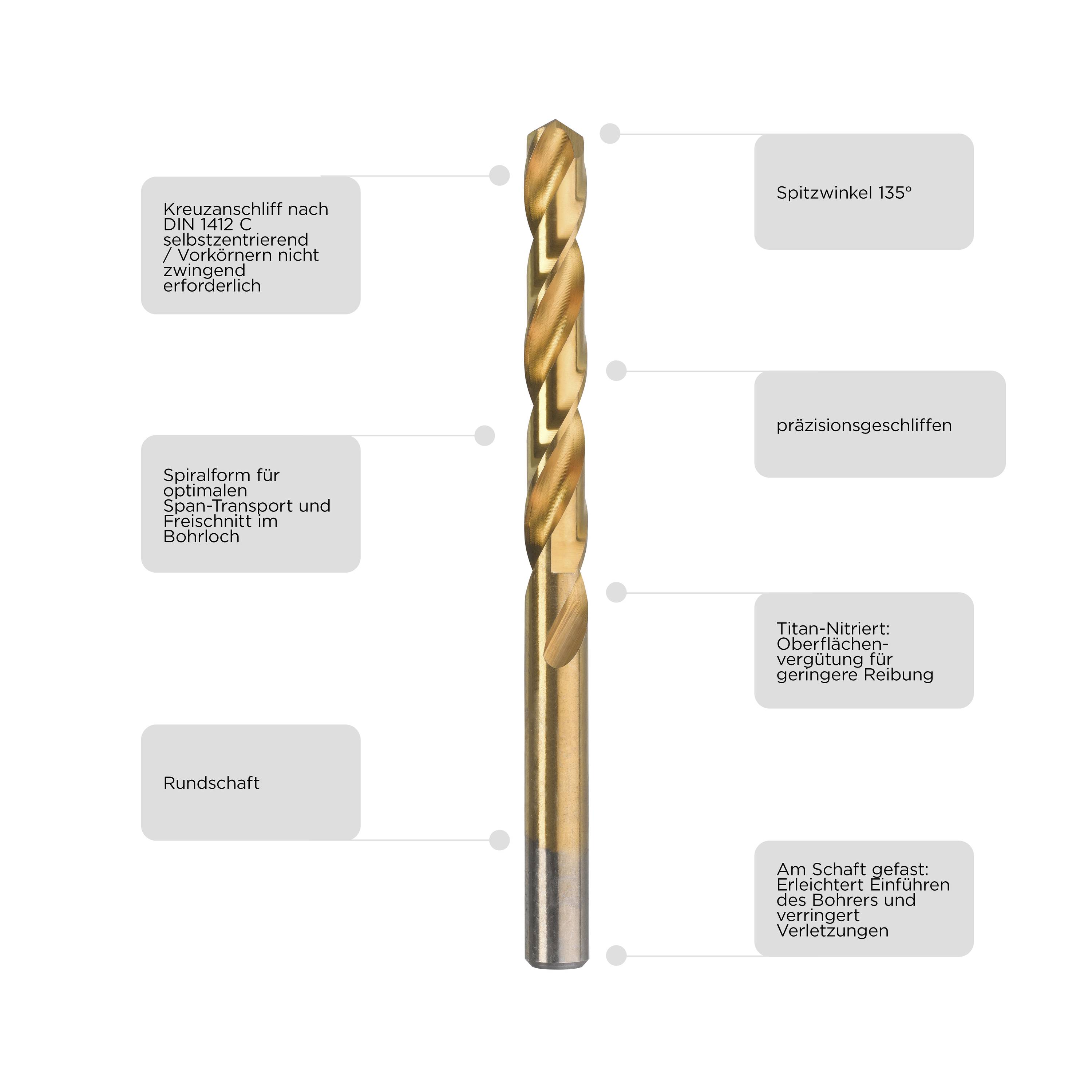'Drill bit with 135° point, titanium nitride coated. Features cross-point design, spiral flute, and precision ground for optimal drilling.'