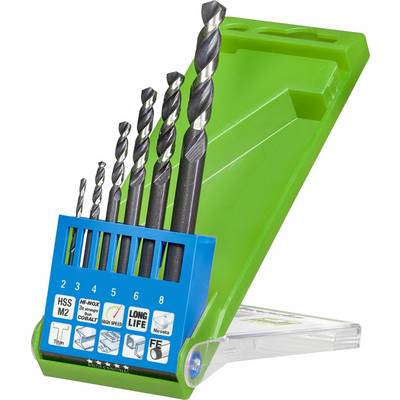 A drill bit set with six drill bits in different sizes, arranged in a green and blue plastic holder.