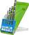 A drill bit set with six drill bits in different sizes, arranged in a green and blue plastic holder.
