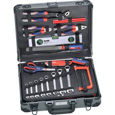 A toolkit with various hand tools, including screwdrivers, pliers, spanners, and a metal saw.
