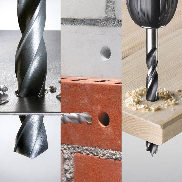 Drills in three materials: metal, brick and wood, with their respective structure and drilling results shown.