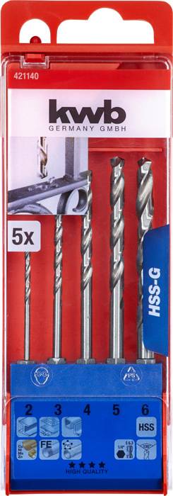 Packaging containing five metal drill bits by the brand 'kwb', suitable for metalworking. Drill bit sizes are listed on the packaging.