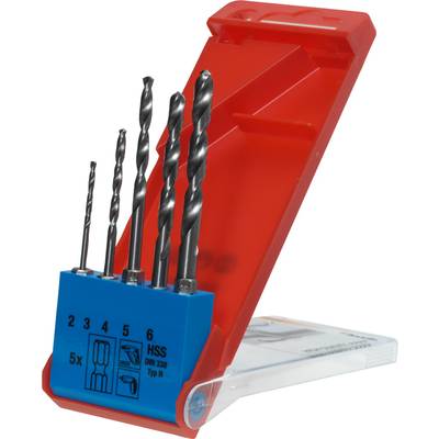 Drill set in a red plastic packaging containing five metal drill bits in varying sizes, with a blue holder marked 'HSS DIN 338'.