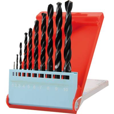 Drill bit set with spiral heads in various sizes, arranged in a red holder, numbered from small to large.