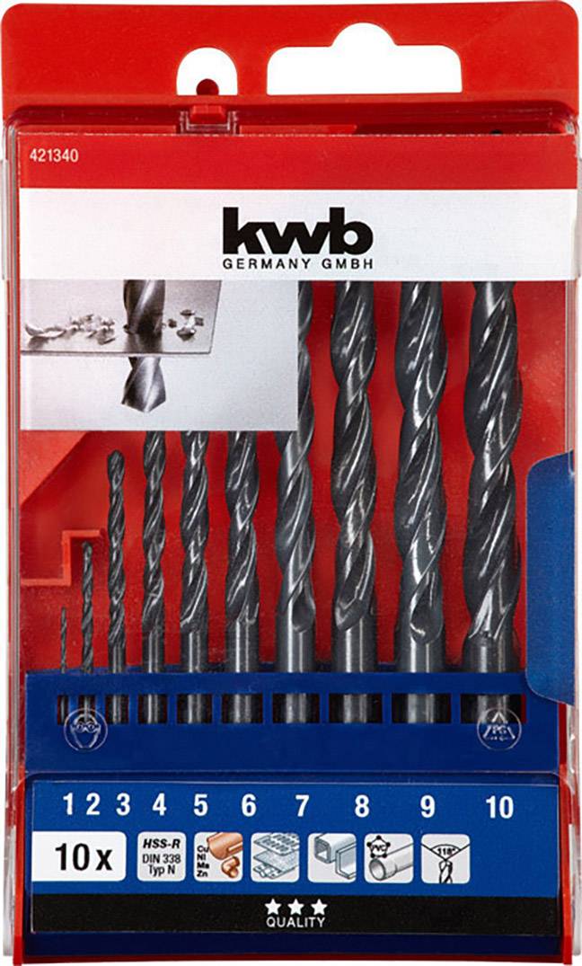 Pack of ten metal drill bits in various sizes, brand 'kwb Germany GmbH', ideal for precise drilling into metal surfaces.
