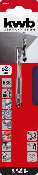 'KWB HSS drill bit' packaged, suitable for metal, plastic and wood, diameter 2 mm. Packaging shows application examples and pictograms for different materials.