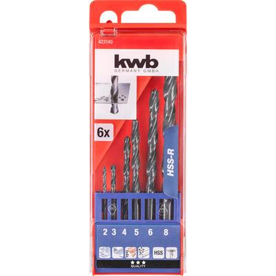 Packaging of a drill bit set by 'kwb GERMANY GMBH', containing 6 HSS-R drill bits in various sizes from 2 to 8 mm.