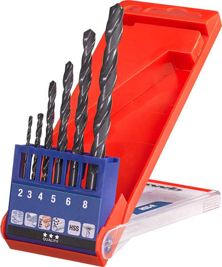 A set of drill bits with five different sizes ranging from 2 to 8 mm in a red plastic box.