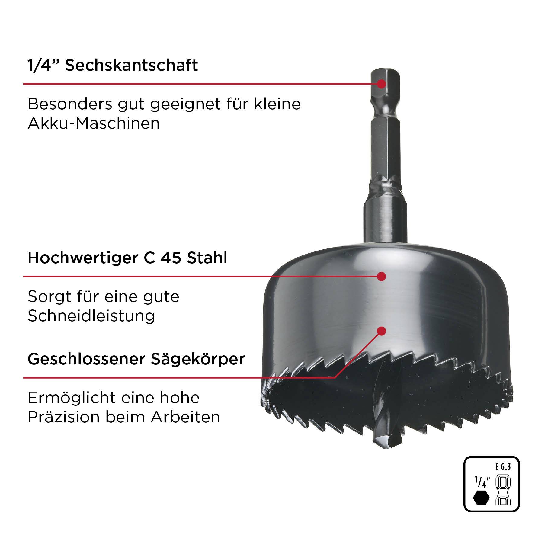 1/4" Hexagonal Shank, especially suitable for small cordless machines, high-quality C 45 steel for excellent cutting performance, enclosed saw body for high precision.