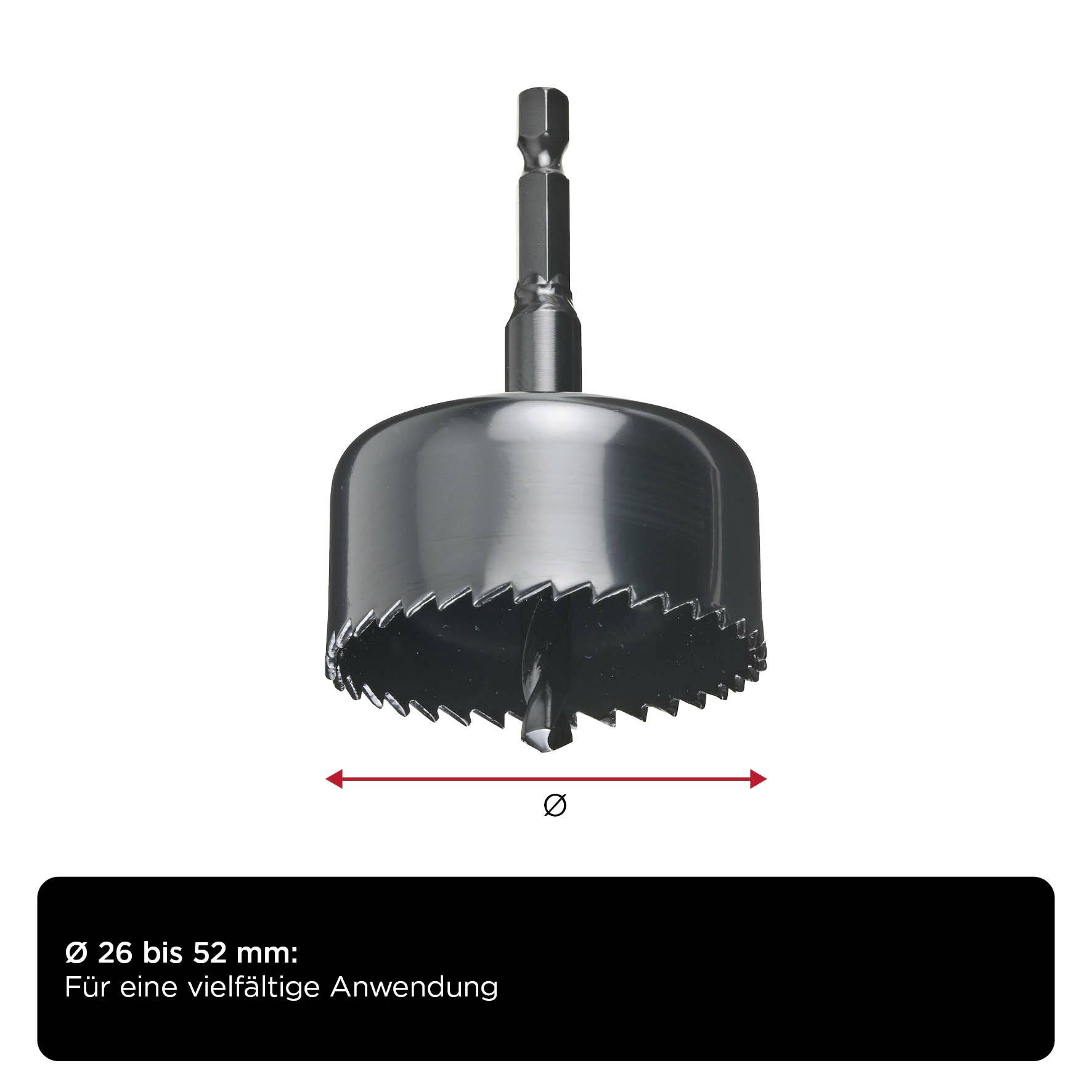 'Hole Saw, Ø 26 to 52 mm, versatile applications.' Image with hole saw attachment shows diameter, suitable for various materials.