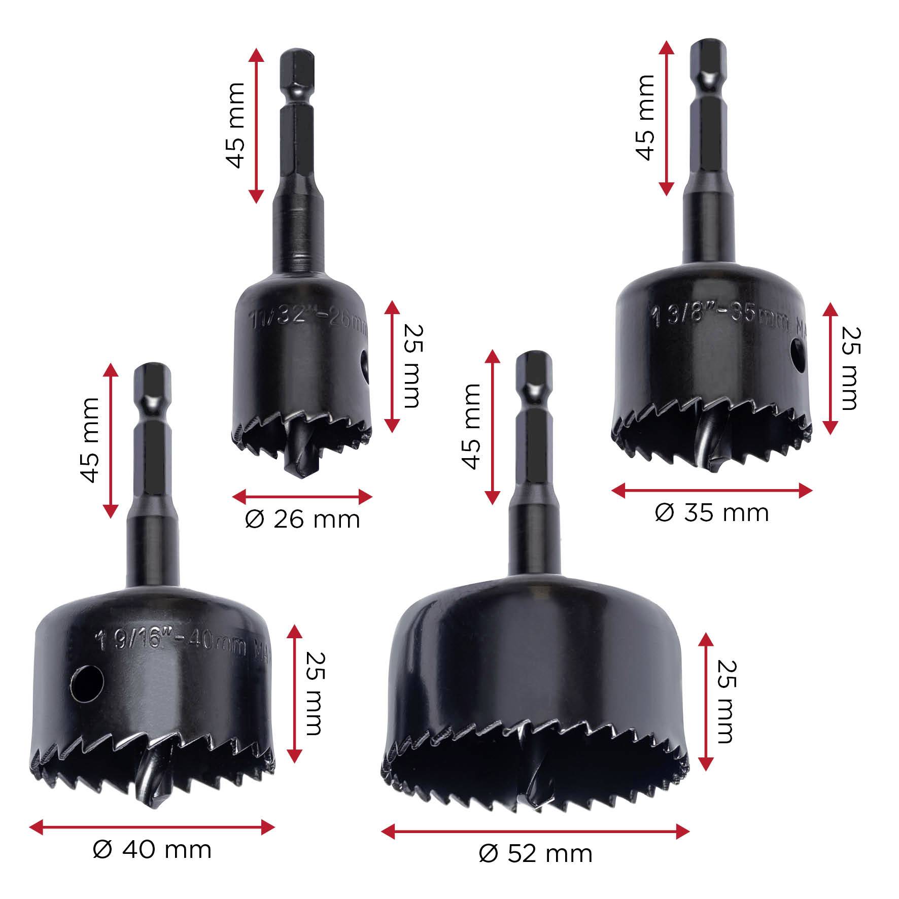 Five hole saws with various diameters (26 mm, 35 mm, 40 mm, 52 mm) and lengths (25 mm, 45 mm) are shown.