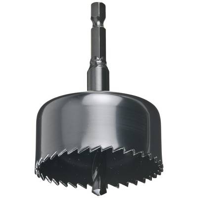 Metal hole saw with sharp teeth and hexagonal shank, suitable for drilling large holes in wood or metal surfaces.