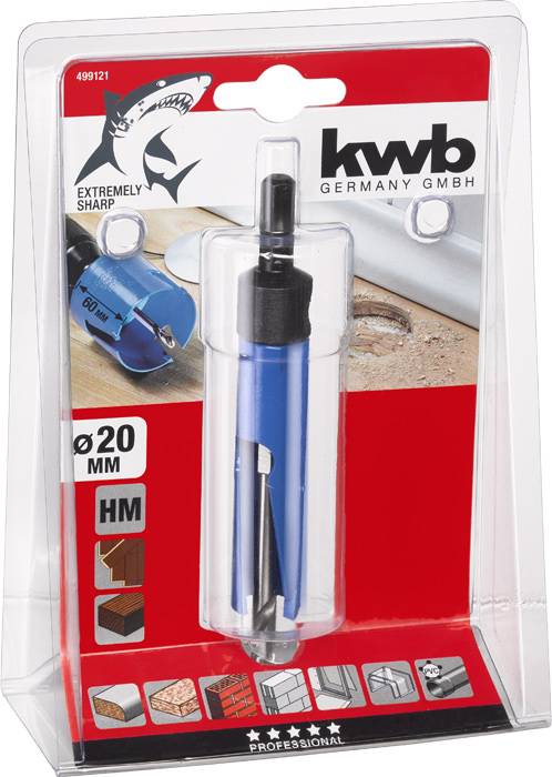 Packaged KWB HM drill bit, 20 mm diameter, with extremely sharp blades, suitable for wood, brick masonry and dry lining.