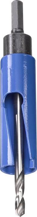 A blue countersink with an integrated drill bit, suitable for woodworking, helps to countersink and drill in one step.
