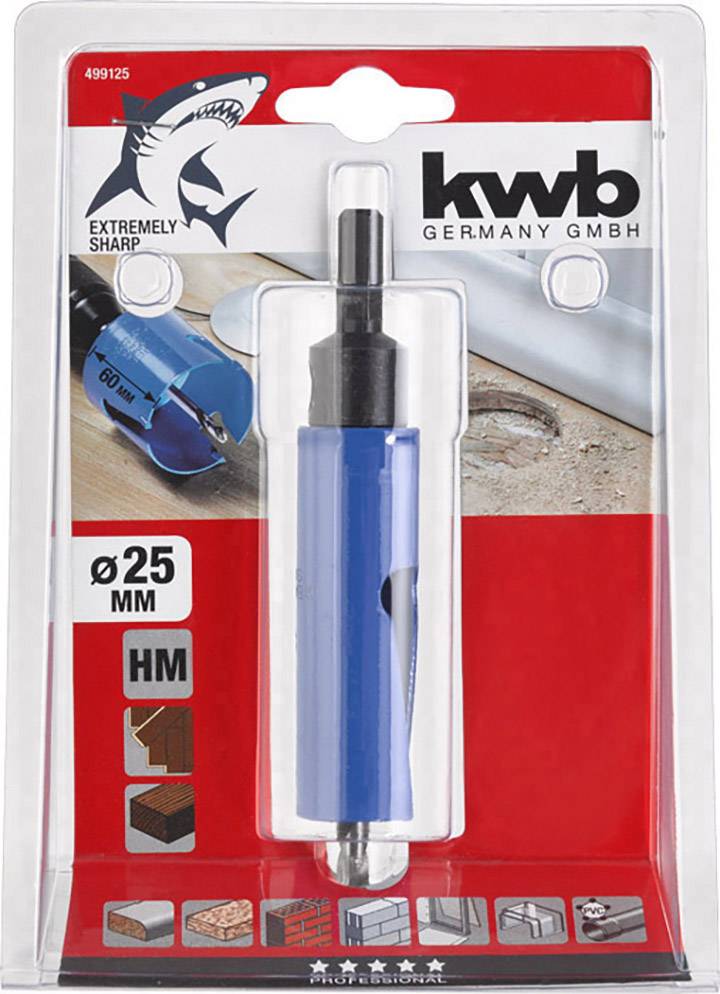 Blue saw blade in packaging by 'kwb Germany GmbH', 25 mm diameter, suitable for materials such as wood, tiles, and plasterboard.