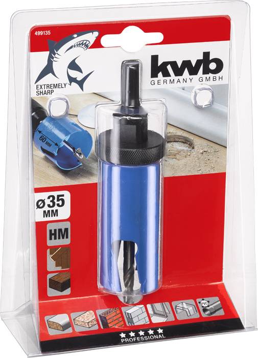 'Kwb' hole saw with 35 mm diameter, suitable for wood, plasterboard and soft materials. Packaging displays product features.