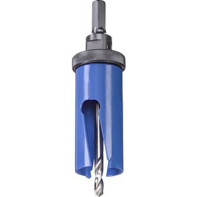 Blue hole punch with integrated drill for creating holes in materials such as metal or wood.