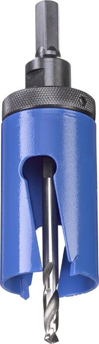 A blue circular hole saw with a black metal drill bit and handle, suitable for drilling large holes in wood or other materials.