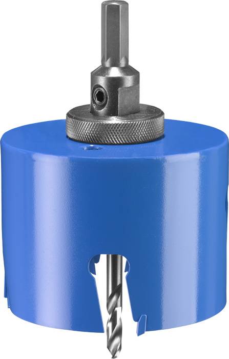 A blue hole saw attachment with an inserted drill bit and metal mounting, suitable for precise drilling of large holes in materials.